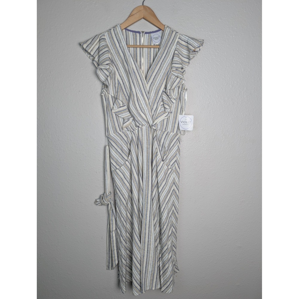 Violet Weekend Womens Striped Ruffle Midi Dress Blue Tan Sleeveless Pockets M